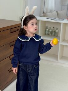 Dazy Kids كنزة رياضية لطيفة للبنات الرضع بأكمام طويلة وياقة بيتر بان من الدانتيل المتباين للخريف - الأزرق - مشاهدة 8