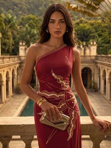 CAJUNI 深紅色單肩洋裝，神秘太陽印花與珠飾細節，適合聖誕、夏季、熱帶風、優雅晚宴與雞尾酒會 - 酒紅色 - 查看 1