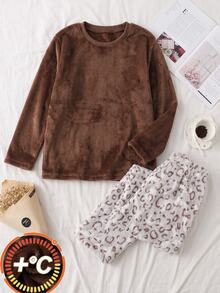 2pcs/Set Setelan Kasual Fleece Hangat Lengan Panjang Kerah Bulat dan Celana Panjang Motif Leopard untuk Anak Laki-laki, Nyaman dan Lembut untuk Musim Gugur/Dingin - Coffee Brown - View 4