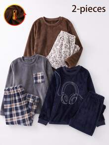 2pcs/Set Setelan Kasual Fleece Hangat Lengan Panjang Kerah Bulat dan Celana Panjang Motif Leopard untuk Anak Laki-laki, Nyaman dan Lembut untuk Musim Gugur/Dingin - Coffee Brown - View 8