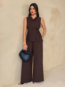 SHEIN Tall قميص وبنطلون واسع الساق للنساء بمقاس طويل – طقم من الكتان باللون البني المحمر - بني - مشاهدة 8