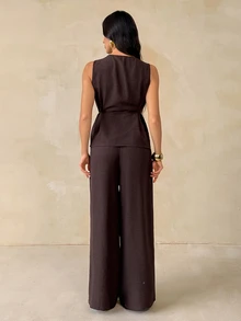 SHEIN Tall قميص وبنطلون واسع الساق للنساء بمقاس طويل – طقم من الكتان باللون البني المحمر - بني - مشاهدة 2