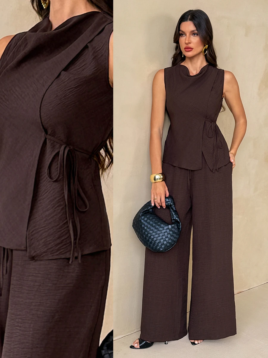 SHEIN Tall قميص وبنطلون واسع الساق للنساء بمقاس طويل – طقم من الكتان باللون البني المحمر - بني - مشاهدة 1