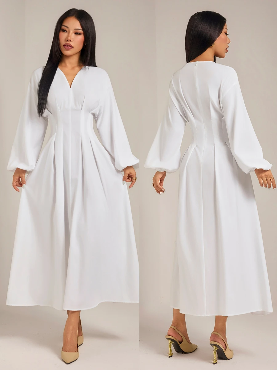 SHEIN PETITE Women's Elegant French Modest White Cinched Waist V-Neck Lantern Sleeve Pleated A-Line Mid-Length Dress Fall Brunch Tea Party Graduation Wedding Guest - White - View 1