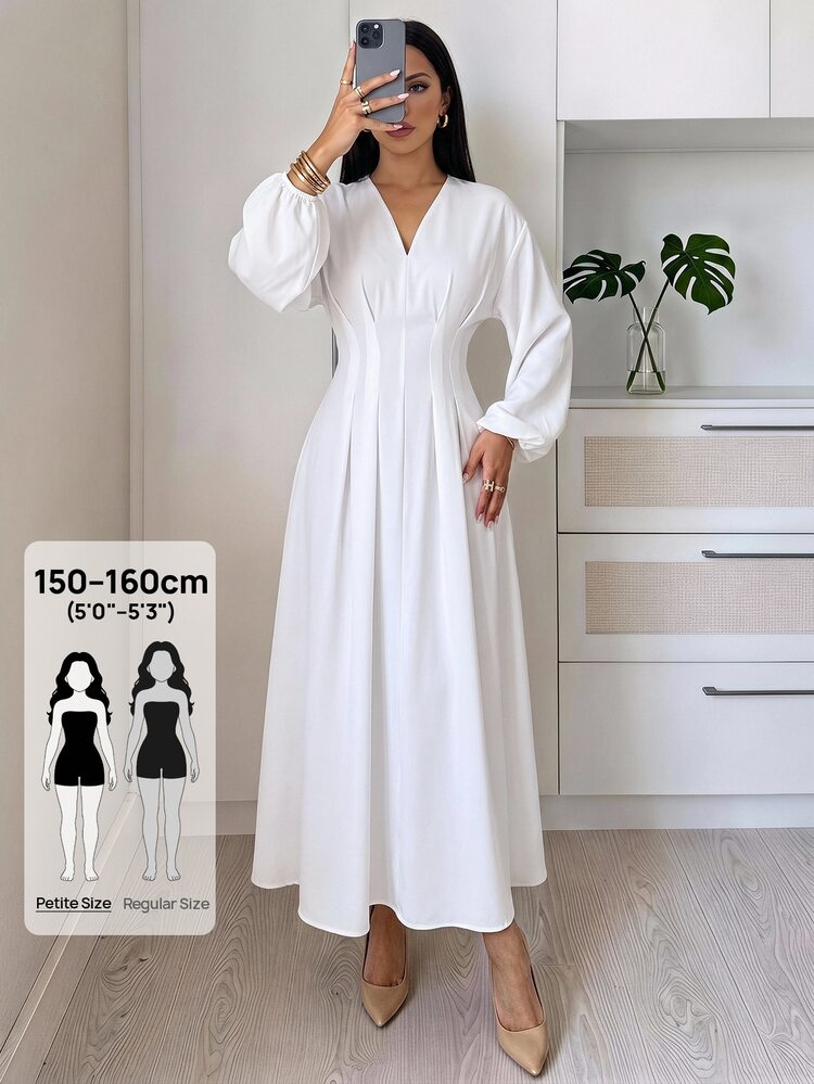 SHEIN PETITE 女款優雅法式保守風白色收腰V領燈籠袖百褶A字中長洋裝，適合秋季早午餐、茶會、畢業典禮、婚禮賓客穿著 - 白色 - 查看 9
