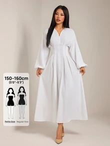SHEIN PETITE Women's Elegant French Modest White Cinched Waist V-Neck Lantern Sleeve Pleated A-Line Mid-Length Dress Fall Brunch Tea Party Graduation Wedding Guest - White - View 10