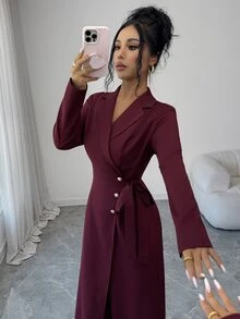 Elenzga Women's Burgundy Asymmetrical Design Long Sleeve Cross Neck Tie ...