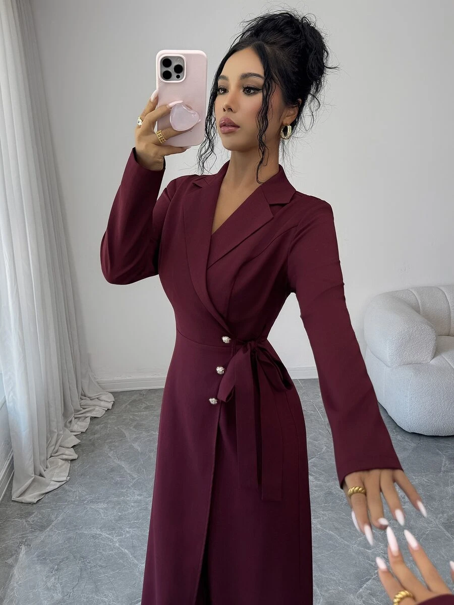 Elenzga Women's Burgundy Asymmetrical Design Long Sleeve Cross Neck Tie ...