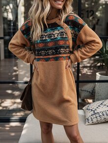 LanaWest Women's Fuzzy Button Long Sleeve Vacation Dress For Dating - Coffee Brown - View 4