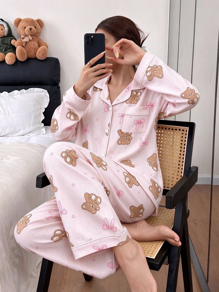 Dream Adore Bubble Crinkle Bow Bear Print Long Sleeve Long Pants Pajama Set - Pink - View 1