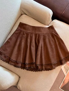 LUMIGAL Women's Autumn Solid Color Contrast Lace Hem Elegant Midi Skirt - Brown - View 2