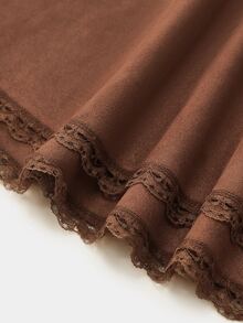 LUMIGAL Women's Autumn Solid Color Contrast Lace Hem Elegant Midi Skirt - Brown - View 3