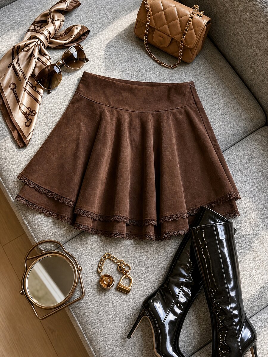 LUMIGAL Women's Autumn Solid Color Contrast Lace Hem Elegant Midi Skirt - Brown - View 1