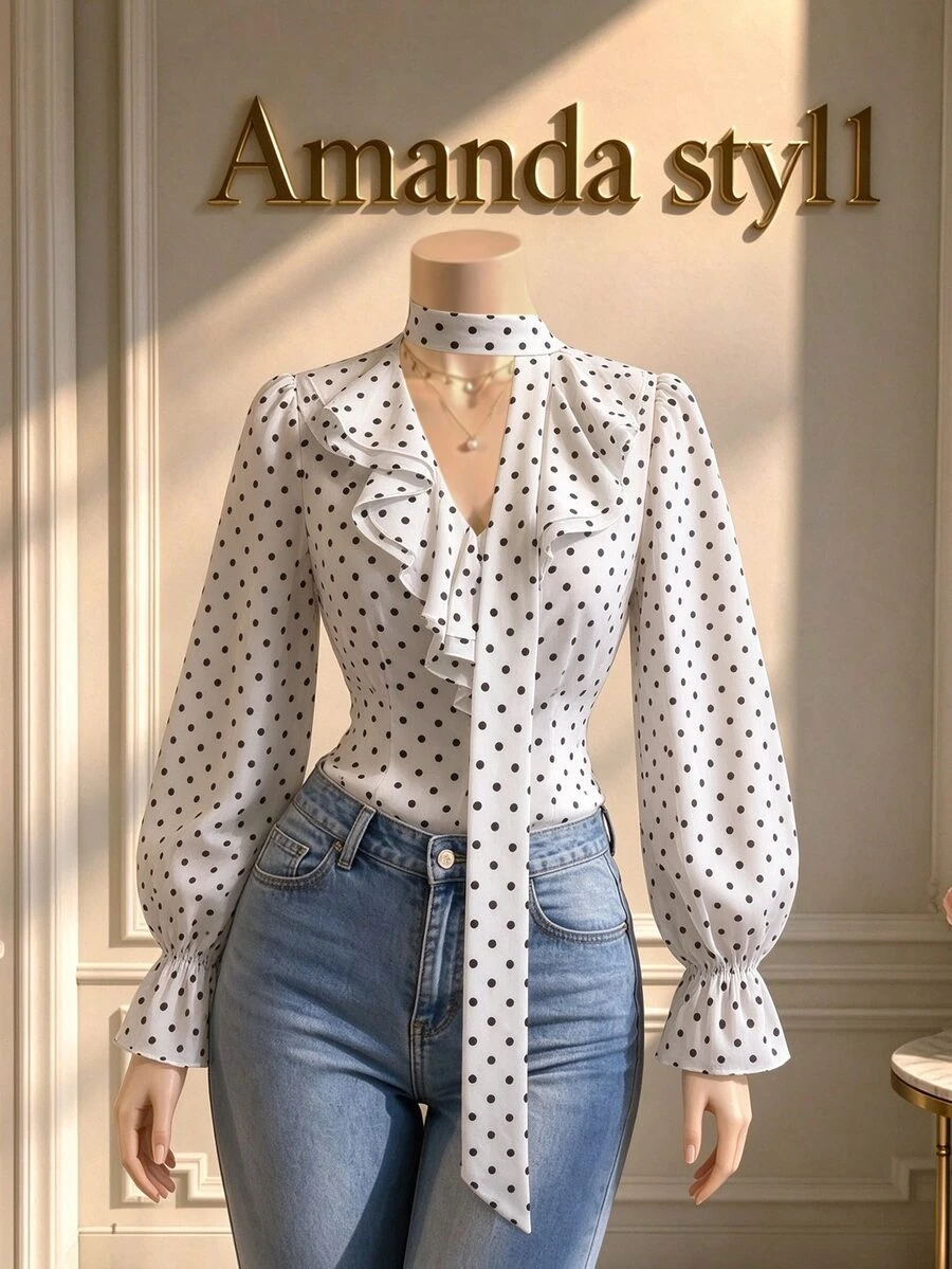 GlowEve 2026 New Fall Versatile Commute Elegant French Ruffle Tie White Black Polka Dots Women's Blouse Office - Multicolor - View 1