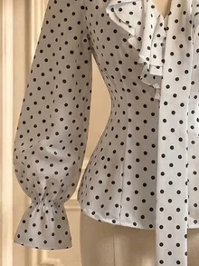 GlowEve 2026 New Fall Versatile Commute Elegant French Ruffle Tie White Black Polka Dots Women's Blouse Office - Multicolor - View 5