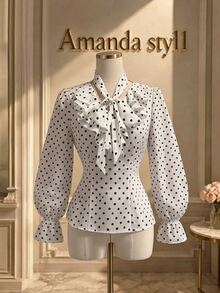 GlowEve 2026 New Fall Versatile Commute Elegant French Ruffle Tie White Black Polka Dots Women's Blouse Office - Multicolor - View 3