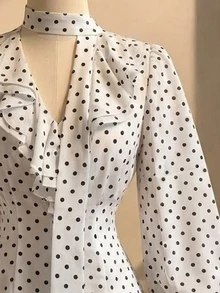 GlowEve 2026 New Fall Versatile Commute Elegant French Ruffle Tie White Black Polka Dots Women's Blouse Office - Multicolor - View 4