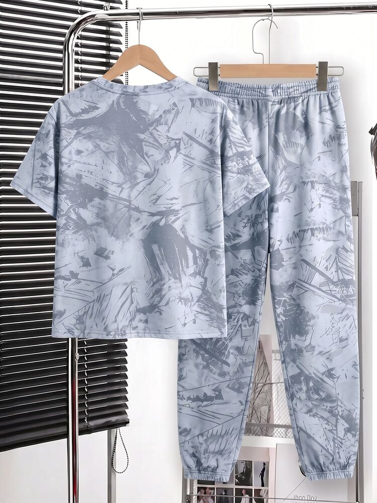 Kids Tween Boy Letter Graphic Short Sleeve T-Shirt And Long Pants Casual Everyday Outfit Set - Multicolor - View 2