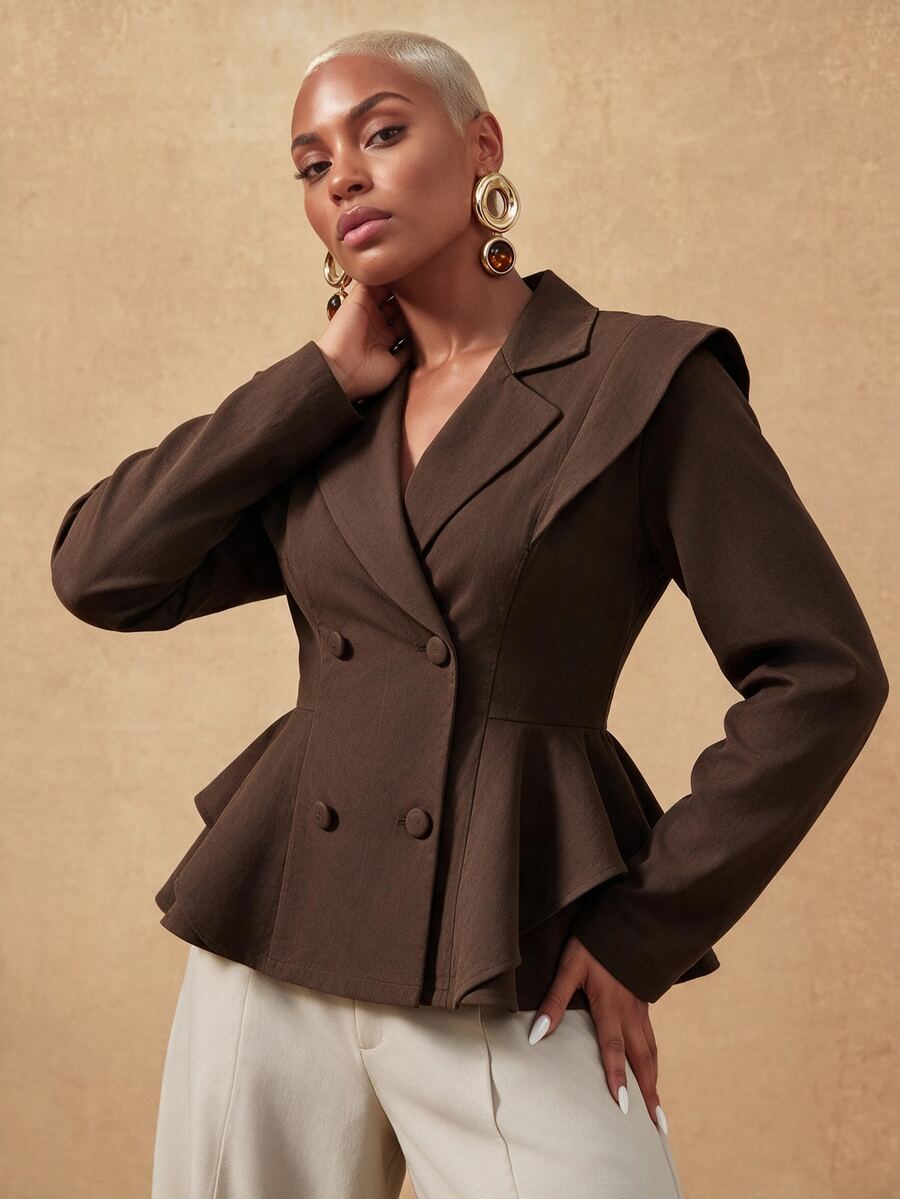 SHEIN Lunessa 女款優雅咖啡棕色荷葉邊收腰修身雙排扣西裝外套 - 咖啡棕 - 查看 1