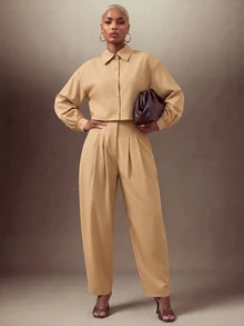 SHEIN Lunessa 短版上衣 + 百褶腰長褲 早午餐 駝色 秋季 簡約休閒 優雅 - 卡其色 - 查看 3
