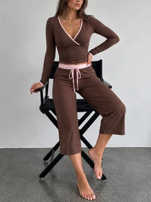 SHEIN EZwear Contrast Trim V-Neck Wrap Long Sleeve Top + Wide Leg Capri Pants Set Women Casual Soft Girl Two Pieces Outfit Lounge Pink And Brown Fall - Brown - View 4