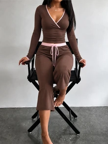SHEIN EZwear Contrast Trim V-Neck Wrap Long Sleeve Top + Wide Leg Capri Pants Set Women Casual Soft Girl Two Pieces Outfit Lounge Pink And Brown Fall - Brown - View 5