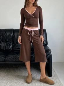 SHEIN EZwear Contrast Trim V-Neck Wrap Long Sleeve Top + Wide Leg Capri Pants Set Women Casual Soft Girl Two Pieces Outfit Lounge Pink And Brown Fall - Brown - View 1