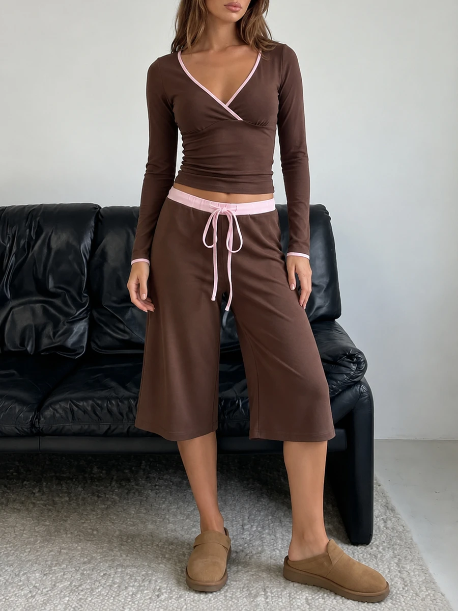 SHEIN EZwear Contrast Trim V-Neck Wrap Long Sleeve Top + Wide Leg Capri Pants Set Women Casual Soft Girl Two Pieces Outfit Lounge Pink And Brown Fall - Brown - View 1