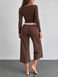 SHEIN EZwear Contrast Trim V-Neck Wrap Long Sleeve Top + Wide Leg Capri Pants Set Women Casual Soft Girl Two Pieces Outfit Lounge Pink And Brown Fall - Brown - View 2