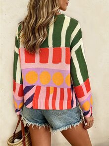 RIVANDRE Women's V-Neck Geometric Pattern Striped Casual Daily Knit Top - Multicolor - View 2