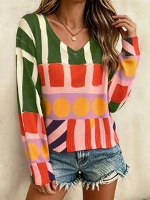 RIVANDRE Women's V-Neck Geometric Pattern Striped Casual Daily Knit Top - Multicolor - View 5