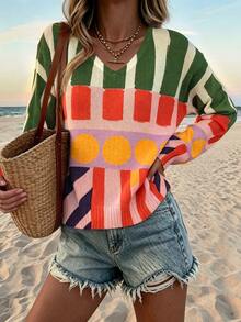RIVANDRE Women's V-Neck Geometric Pattern Striped Casual Daily Knit Top - Multicolor - View 6