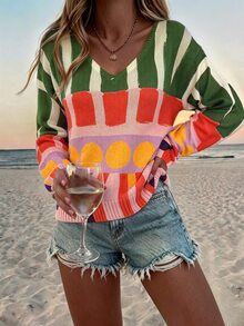 RIVANDRE Women's V-Neck Geometric Pattern Striped Casual Daily Knit Top - Multicolor - View 7