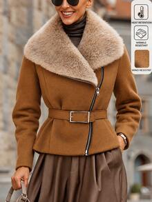 SHEIN Women's Rabbit Fur Collar Diagonal Zipper Short Dragon & Phoenix Wool Jacket, Slim Fit Vintage Biker Style - Brown - View 6