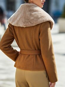 SHEIN Women's Rabbit Fur Collar Diagonal Zipper Short Dragon & Phoenix Wool Jacket, Slim Fit Vintage Biker Style - Brown - View 2