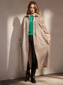 Nima Coro Women's Solid Color Lapel Single-Breasted Fashion Versatile Long Trench Coat - Apricot - View 4