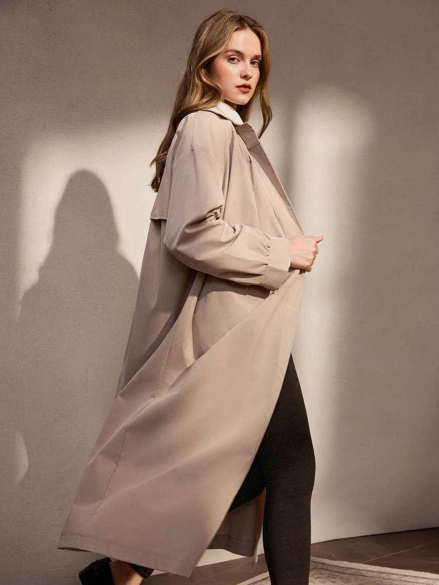 Nima Coro Women's Solid Color Lapel Single-Breasted Fashion Versatile Long Trench Coat - Apricot - View 1