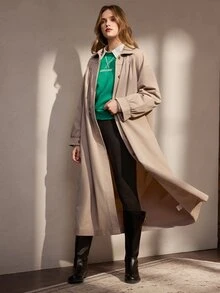 Nima Coro Women's Solid Color Lapel Single-Breasted Fashion Versatile Long Trench Coat - Apricot - View 5