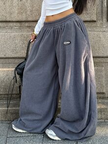 Coolane 女款大尺碼秋冬街頭風健身優雅休閒燈芯絨紋理寬腿彈性腰帶灰色嘻哈舞慢跑褲萬聖節 - 霧霾藍 - 查看 4