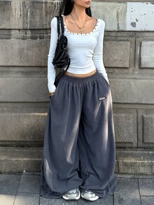 Coolane 女款大尺碼秋冬街頭風健身優雅休閒燈芯絨紋理寬腿彈性腰帶灰色嘻哈舞慢跑褲萬聖節 - 霧霾藍 - 查看 9