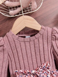 SHEIN Baby Girl Casual Ditsy Floral Long Sleeve Ribbed Knitted Dress, Autumn - Dusty Pink - View 4