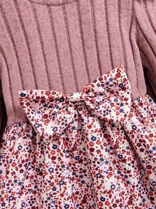 SHEIN Baby Girl Casual Ditsy Floral Long Sleeve Ribbed Knitted Dress, Autumn - Dusty Pink - View 6