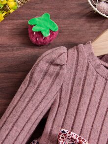 SHEIN Baby Girl Casual Ditsy Floral Long Sleeve Ribbed Knitted Dress, Autumn - Dusty Pink - View 8