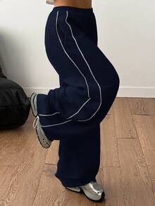Coolane Women's Fall/Winter Streetwear Casual Sport Banded Texture Decoration Navy Blue Low Rise Baggy Sweatpants, Fall - Navy Blue - View 2