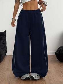 Coolane Women's Fall/Winter Streetwear Casual Sport Banded Texture Decoration Navy Blue Low Rise Baggy Sweatpants, Fall - Navy Blue - View 6