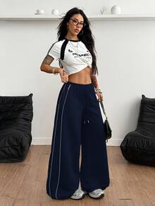 Coolane Women's Fall/Winter Streetwear Casual Sport Banded Texture Decoration Navy Blue Low Rise Baggy Sweatpants, Fall - Navy Blue - View 4