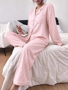 SHEIN 泡泡皺褶愛心印花長袖上衣與長褲女款睡衣 波點睡衣 秋冬服飾 - 粉色 - 查看 5