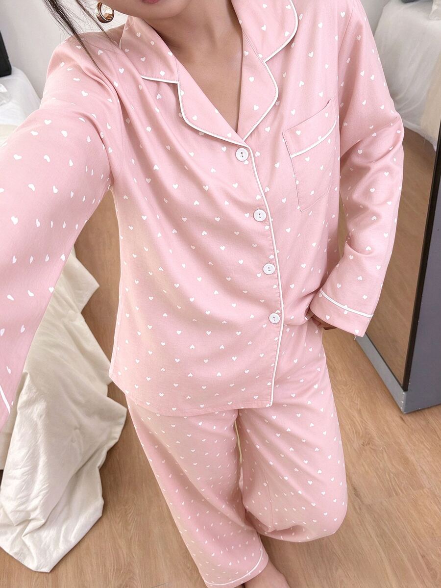 SHEIN 泡泡皺褶愛心印花長袖上衣與長褲女款睡衣 波點睡衣 秋冬服飾 - 粉色 - 查看 1