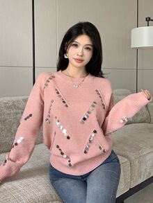 Modelyn Women's Sequin Casual Versatile Daily Wear Long Sleeve Sweater - Pink - View 6