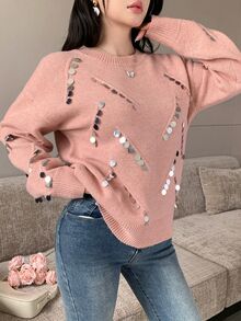Modelyn Women's Sequin Casual Versatile Daily Wear Long Sleeve Sweater - Pink - View 4